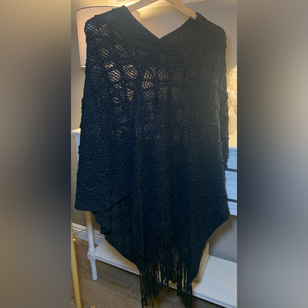 Fringe Knit Boho Style Pancho Black OS